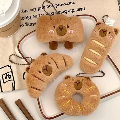 Cartoon Capybara & Croissant Plush Keychain | Soft Bread Food Stuffed Hanging Accessory