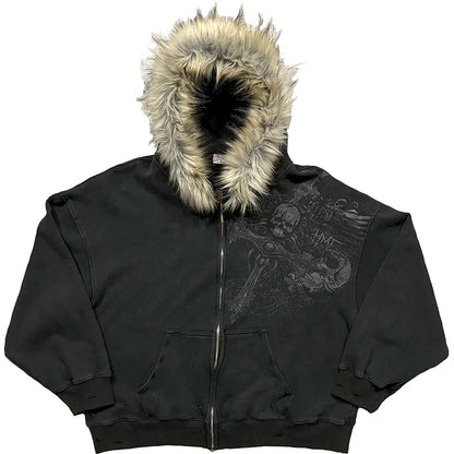Women's Y2K Faux Fur Collar Pullover Hoodie – Gothic Graphic Sweatshirt