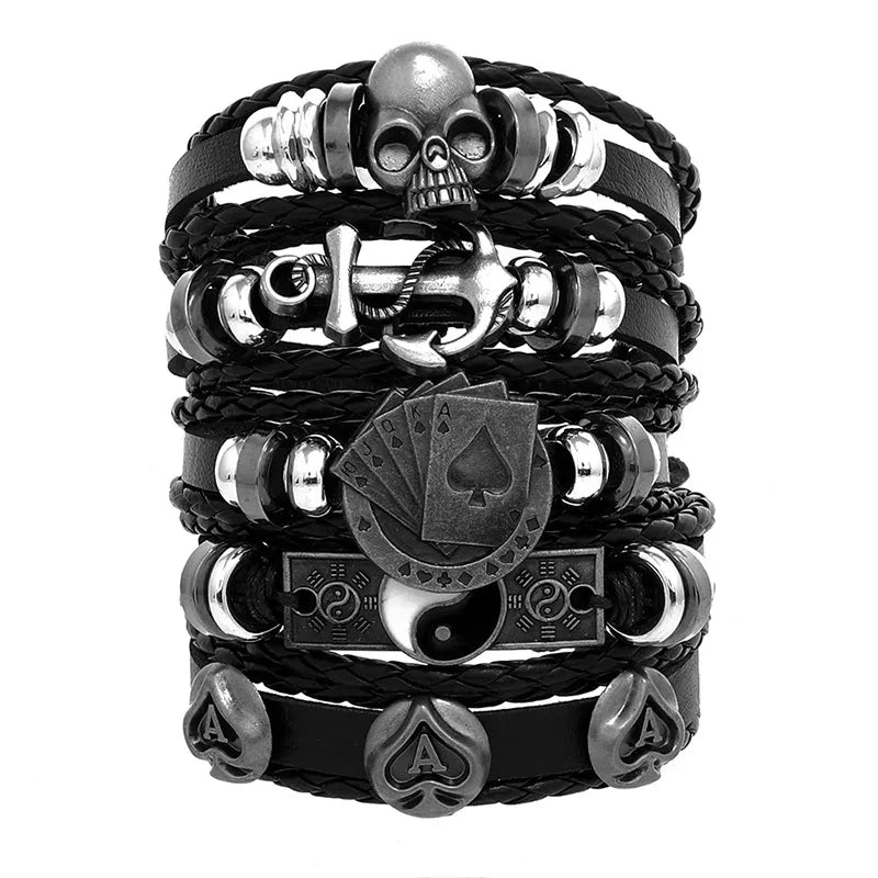 Men's Viking Leather Bracelet Woven Skull Adjustable Cuff