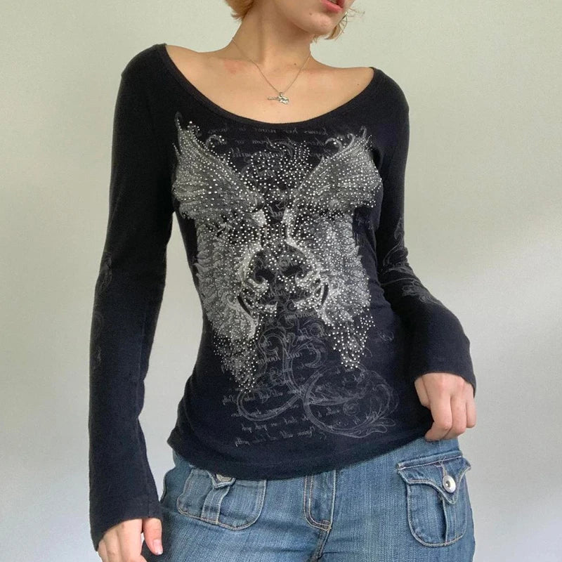 Women's Y2K Grunge Skull Graphic Thermal T-Shirt | 90s Vintage Aesthetic Long Sleeve Pullover Top