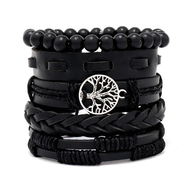 Men's Viking Leather Bracelet Woven Skull Adjustable Cuff