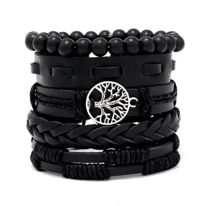 Men's Viking Leather Bracelet Woven Skull Adjustable Cuff