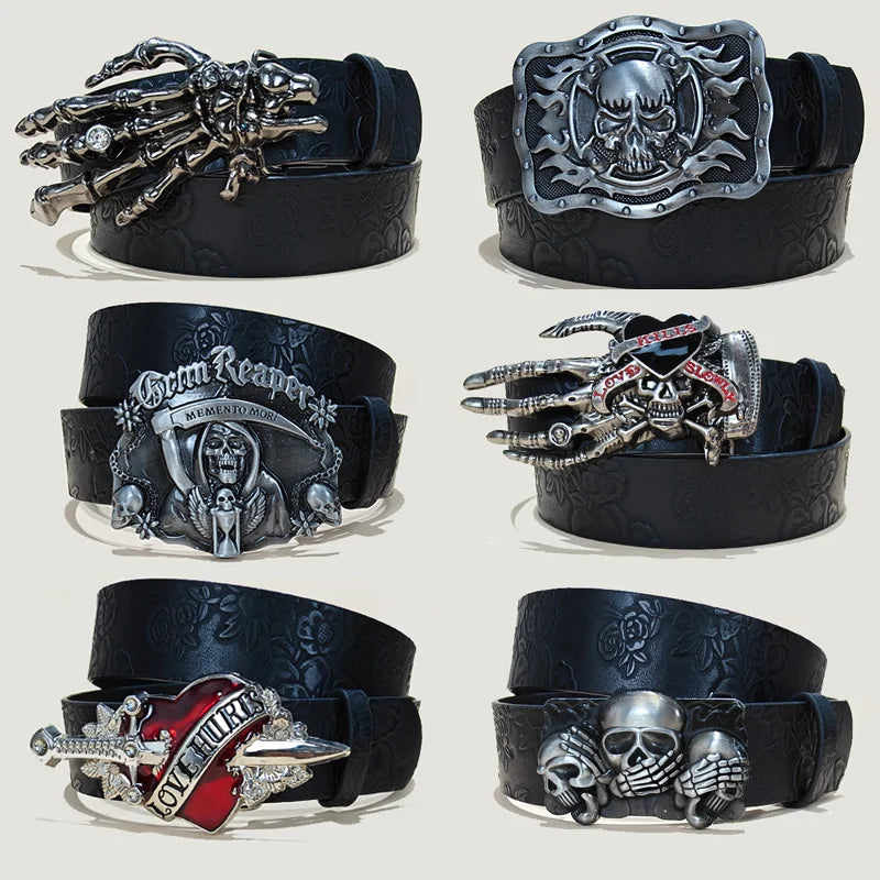 Men's Gothic Punk Skull Embossed Leather Belt Skeleton Reaper and Snake Designs