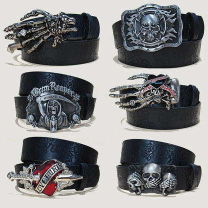 Men's Gothic Punk Skull Embossed Leather Belt Skeleton Reaper and Snake Designs