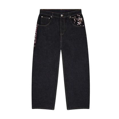 Cherry Blossom Embroidery Baggy Jeans for Men
