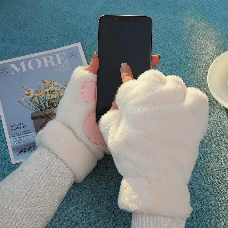 Cat Paw Plush Mittens – Cute Fingerless Fluffy Gloves for Women