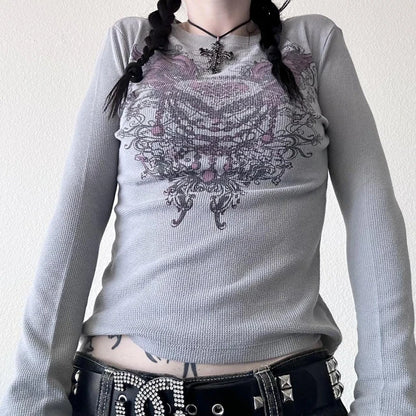 Women's Y2K Grunge Skull Graphic Thermal T-Shirt | 90s Vintage Aesthetic Long Sleeve Pullover Top