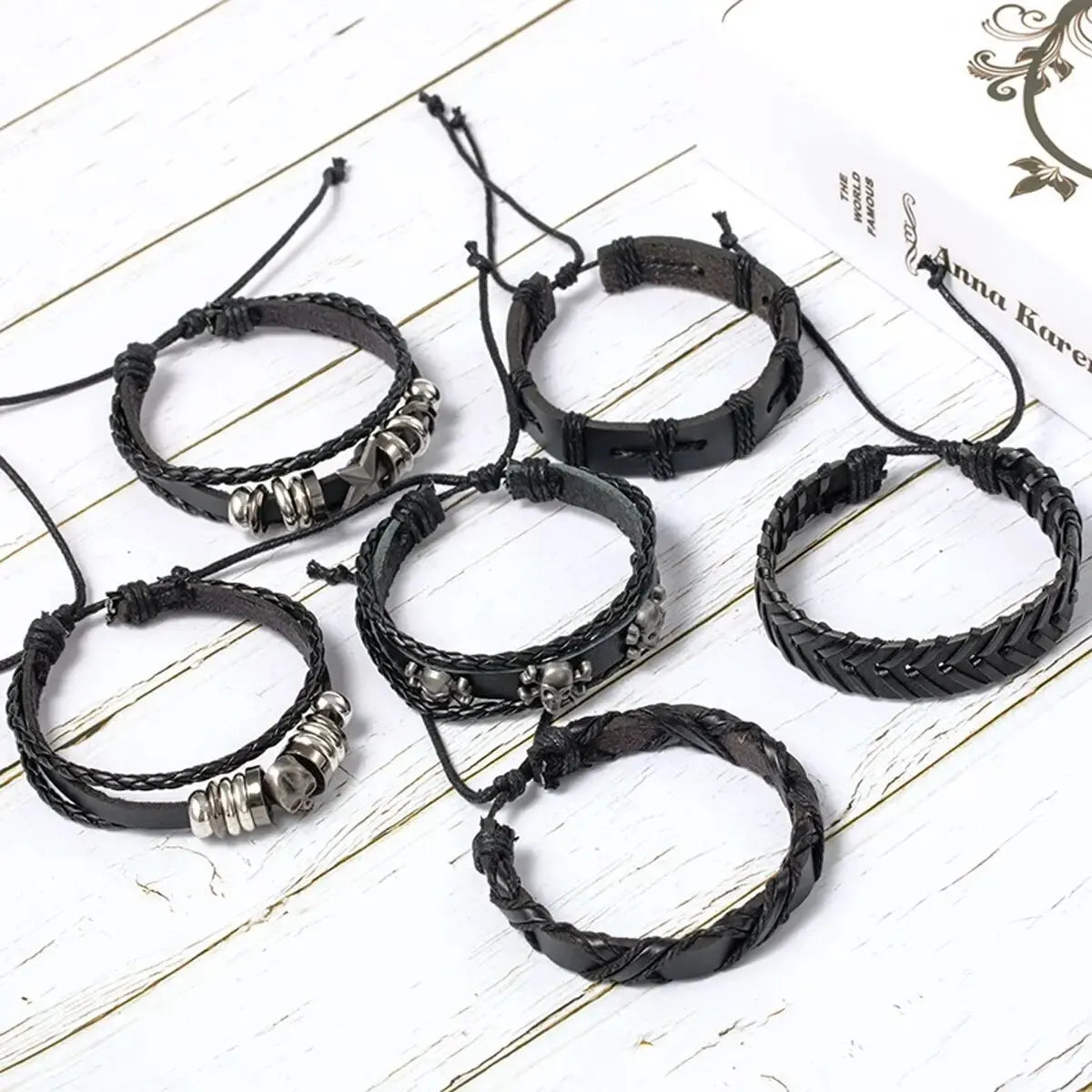 Punk Skull & Star Bracelet Set | 6pcs Unisex Alloy & PU Leather Chain Bracelets