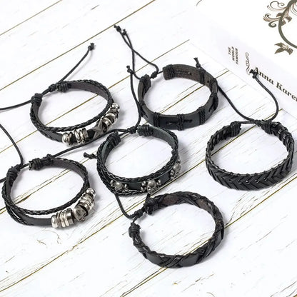 Punk Skull & Star Bracelet Set | 6pcs Unisex Alloy & PU Leather Chain Bracelets