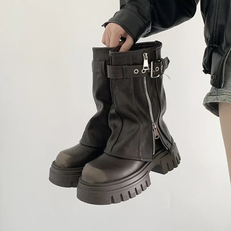 LEDP Women's Platform Biker Boots – Belt Buckle Mid-Calf Zip-Up Winter Boots