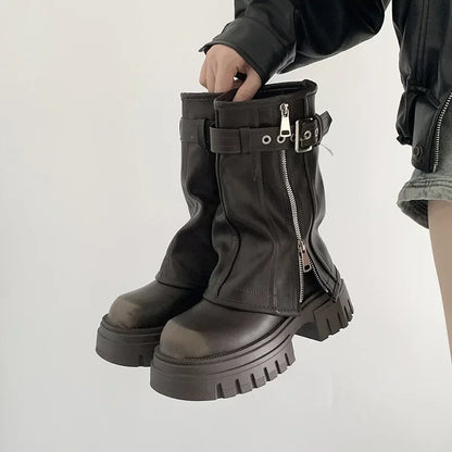 LEDP Women's Platform Biker Boots – Belt Buckle Mid-Calf Zip-Up Winter Boots