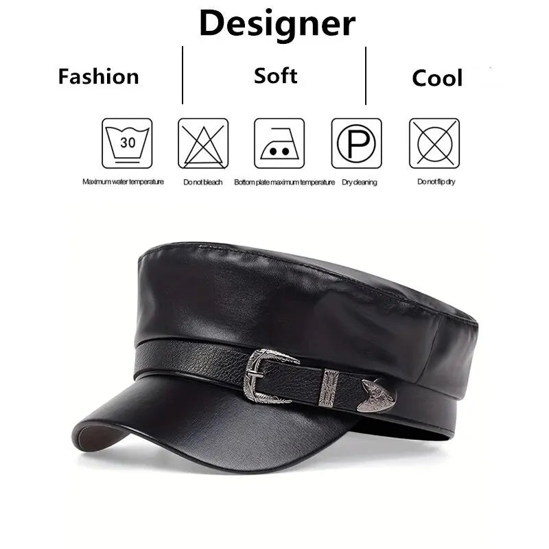 Unisex Large Belt Buckle Leather Beret | Spring Autumn Sailor Flat Top Military Cap for Men & Women