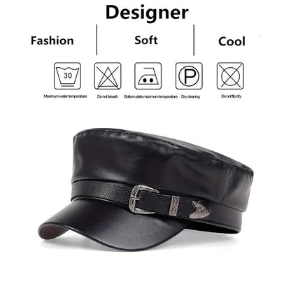 Unisex Large Belt Buckle Leather Beret | Spring Autumn Sailor Flat Top Military Cap for Men & Women