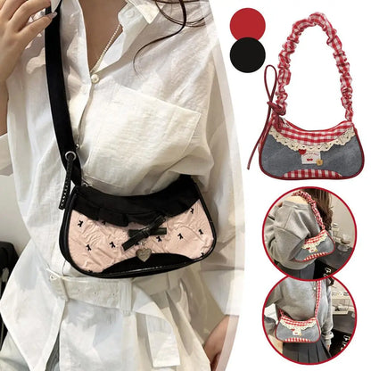 Women's Fashion Grid Shoulder Bag | Lace Ribbon Strap Underarm Handbag for Daily Commuting & Students