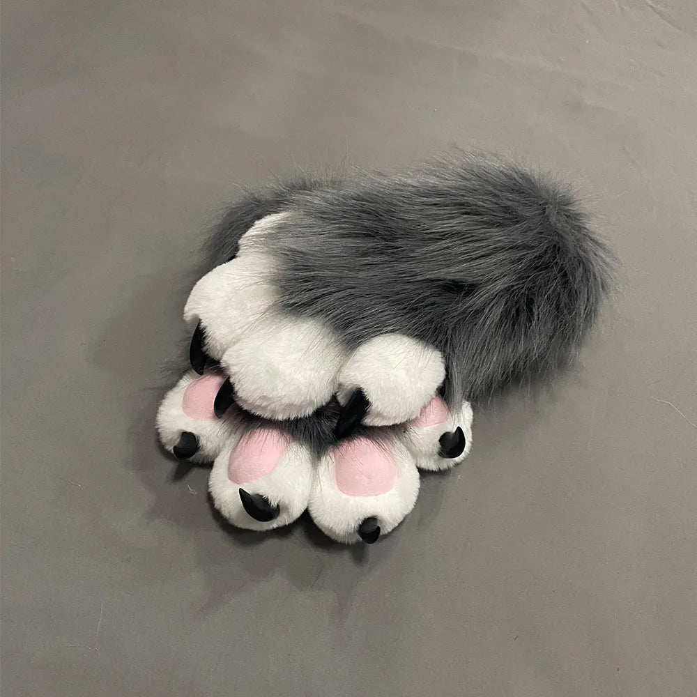 Fursuit Paw Gloves Faux Fur Animal Claw Mittens for Cosplay and Halloween
