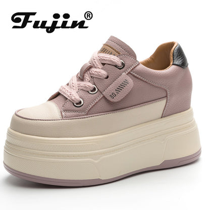 Fujin Women's Platform Sneakers – 9cm Genuine Leather High Heel Casual Shoes