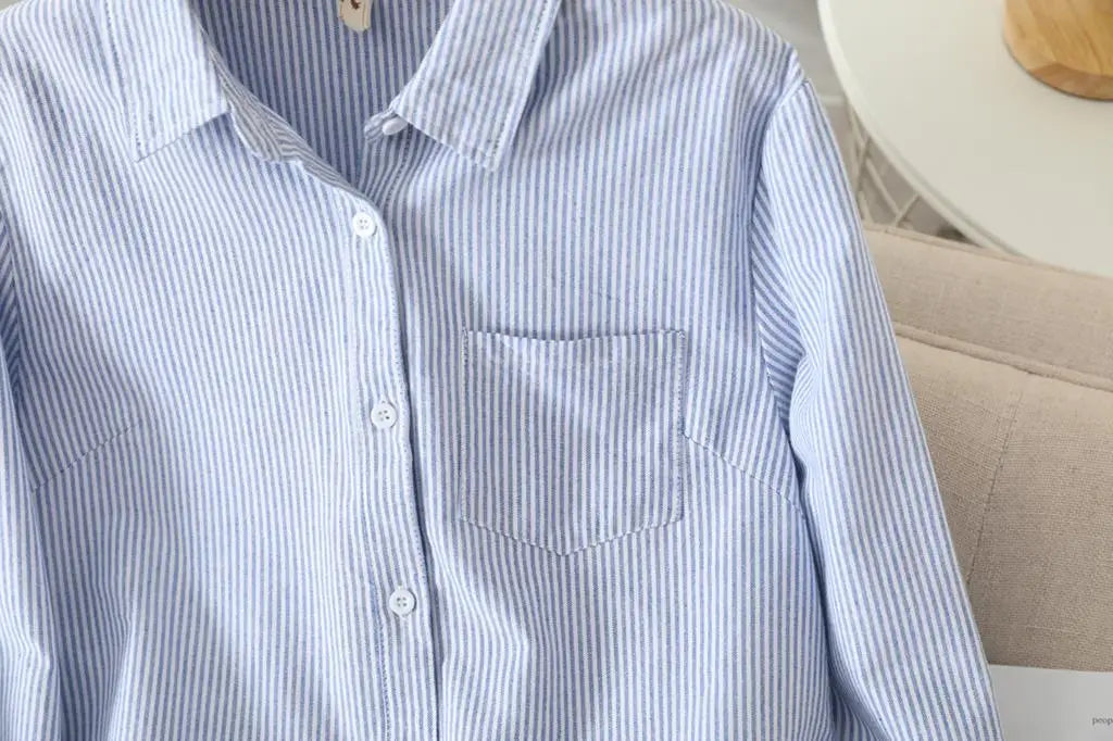 Women's Casual Cotton Oxford Shirt | Autumn Striped Blue & White Blouse & Top