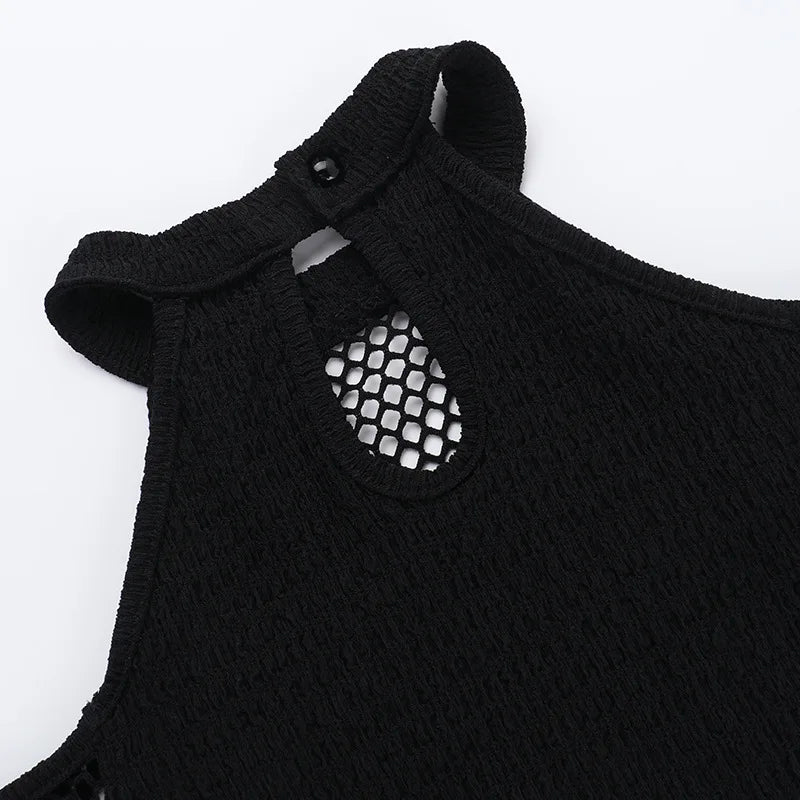 Women's Goth Dark Punk Fishnet Patchwork Off-Shoulder T-Shirt | Halter Crop Top Mall Gothic Streetwear