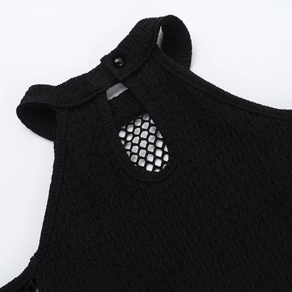Women's Goth Dark Punk Fishnet Patchwork Off-Shoulder T-Shirt | Halter Crop Top Mall Gothic Streetwear