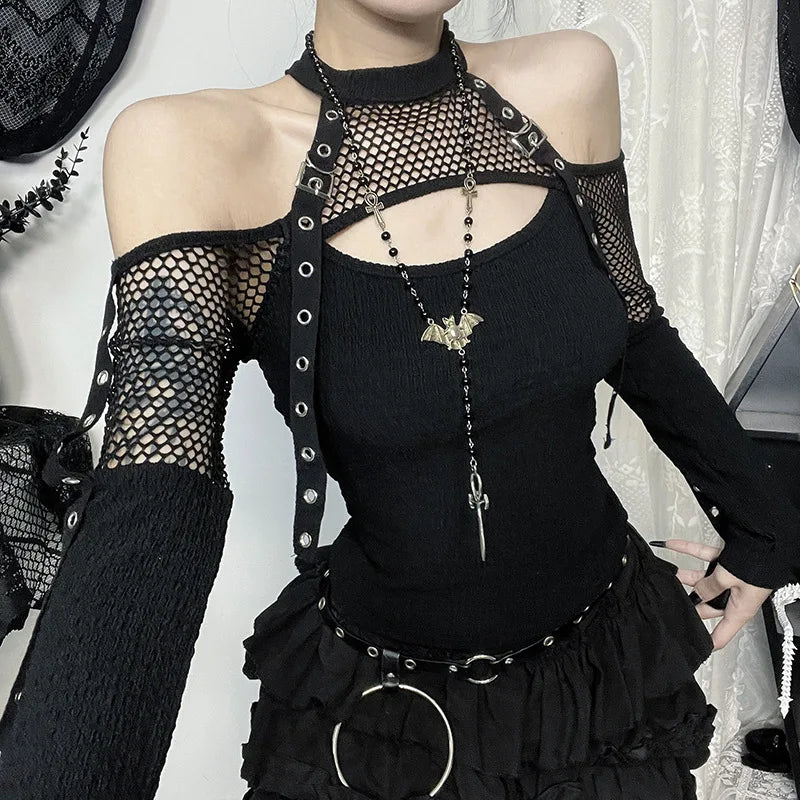 Women's Goth Dark Punk Fishnet Patchwork Off-Shoulder T-Shirt | Halter Crop Top Mall Gothic Streetwear