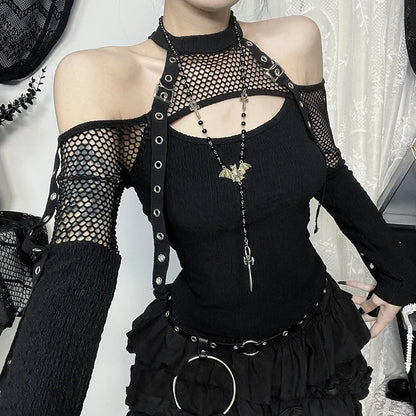 Women's Goth Dark Punk Fishnet Patchwork Off-Shoulder T-Shirt | Halter Crop Top Mall Gothic Streetwear