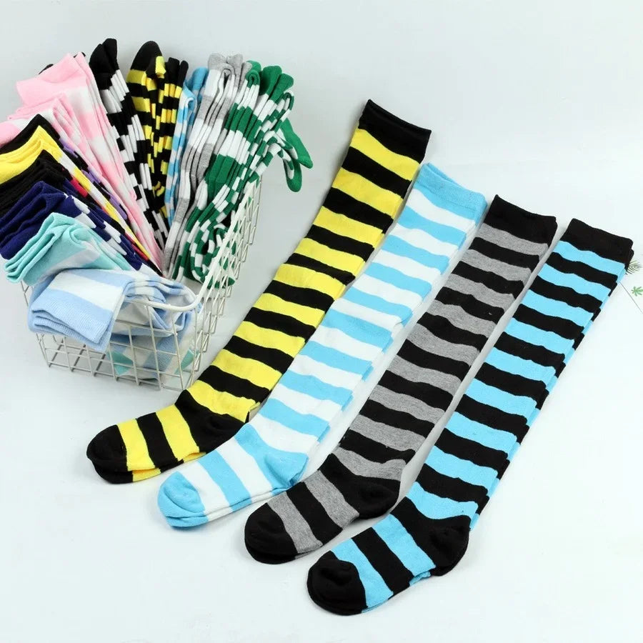 Women's Striped Thigh High Stockings | Black, White & Pink Over-Knee Lolita Harajuku Y2K Socks