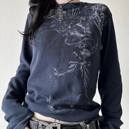 Women's Y2K Grunge Skull Graphic Thermal T-Shirt | 90s Vintage Aesthetic Long Sleeve Pullover Top