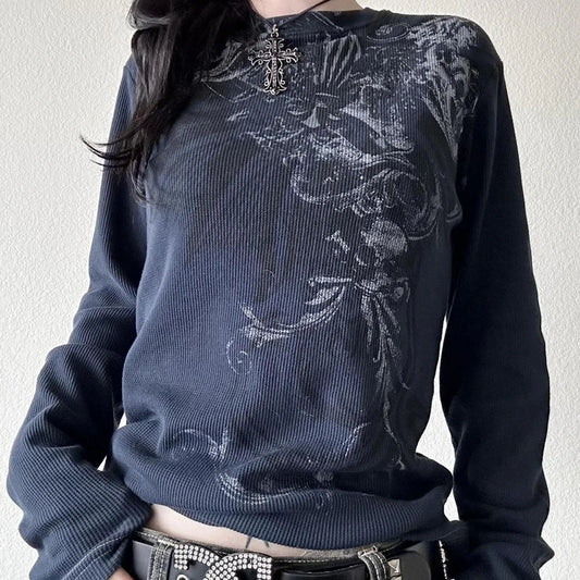Women's Y2K Grunge Skull Graphic Thermal T-Shirt | 90s Vintage Aesthetic Long Sleeve Pullover Top