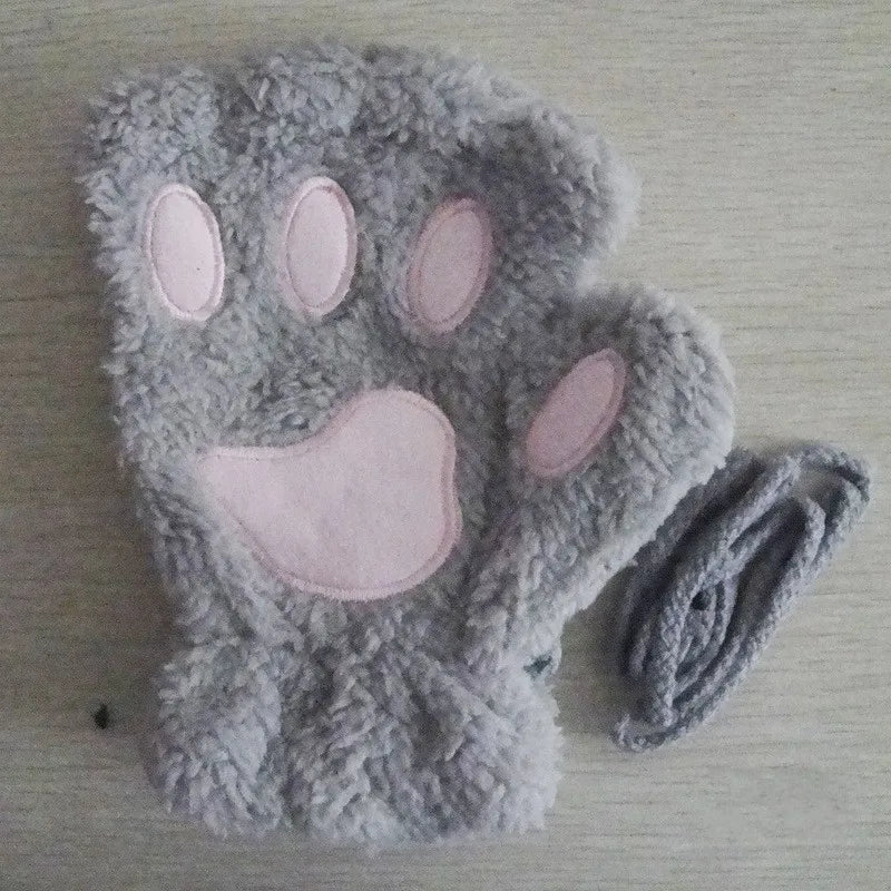 Cat Paw Plush Mittens – Cute Fingerless Fluffy Gloves for Women