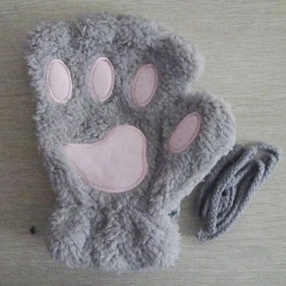 Cat Paw Plush Mittens – Cute Fingerless Fluffy Gloves for Women