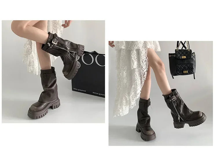 LEDP Women's Platform Biker Boots – Belt Buckle Mid-Calf Zip-Up Winter Boots