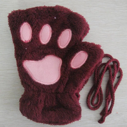 Cat Paw Plush Mittens – Cute Fingerless Fluffy Gloves for Women