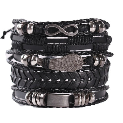 Men's Viking Leather Bracelet Woven Skull Adjustable Cuff