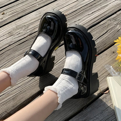 Women's Patent Leather Platform Mary Jane Pumps with Ankle Buckle