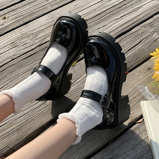 Women's Patent Leather Platform Mary Jane Pumps with Ankle Buckle