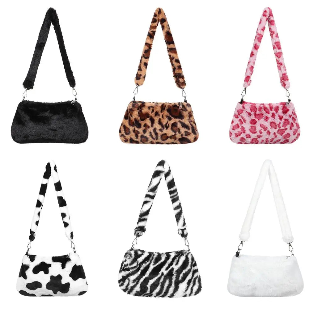 Women's Animal Print Leopard Plush Shoulder Bag | Casual Crossbody Messenger Bag for Ladies