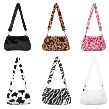 Women's Animal Print Leopard Plush Shoulder Bag | Casual Crossbody Messenger Bag for Ladies