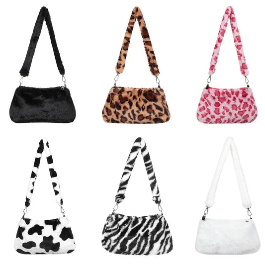 Women's Animal Print Leopard Plush Shoulder Bag | Casual Crossbody Messenger Bag for Ladies