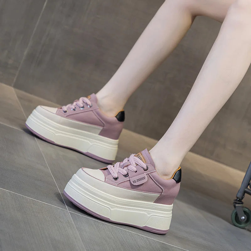 Fujin Women's Platform Sneakers – 9cm Genuine Leather High Heel Casual Shoes