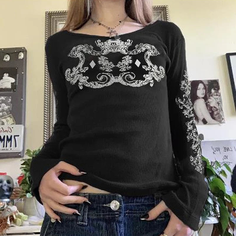 Women's Y2K Grunge Skull Graphic Thermal T-Shirt | 90s Vintage Aesthetic Long Sleeve Pullover Top