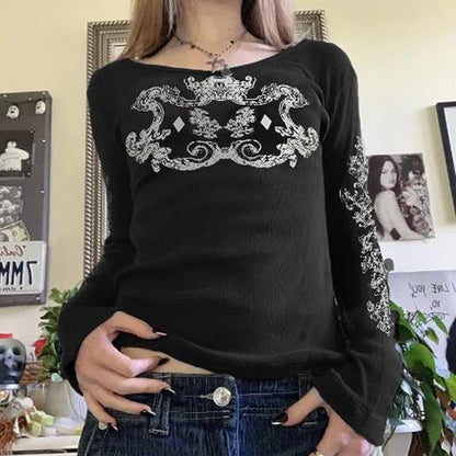 Women's Y2K Grunge Skull Graphic Thermal T-Shirt | 90s Vintage Aesthetic Long Sleeve Pullover Top