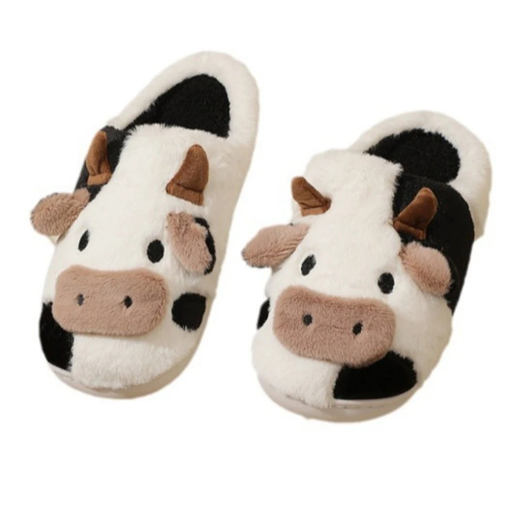Cartoon Cow Plush Slippers – Warm Anti-Slip Indoor House Shoes for Men and Women