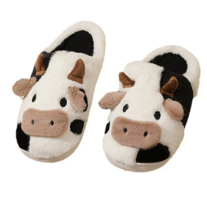 Cartoon Cow Plush Slippers – Warm Anti-Slip Indoor House Shoes for Men and Women