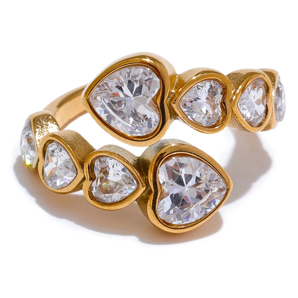 Cubic Zirconia Heart Open Ring in 18K Gold Plated Stainless Steel