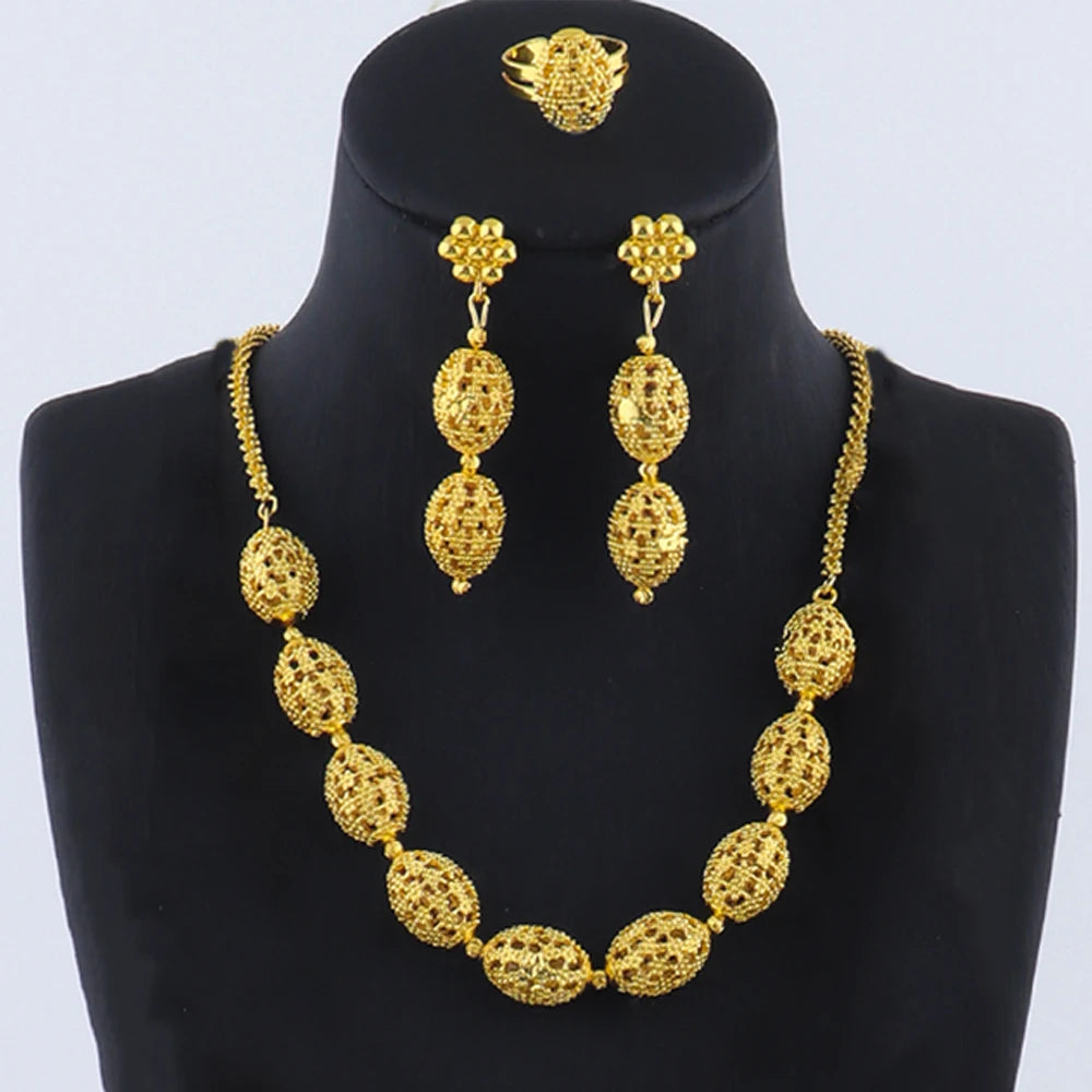 Women's Indian African Ethiopian Jewelry Set | Gold Color Hollow Oval Necklace, Earrings & Ring