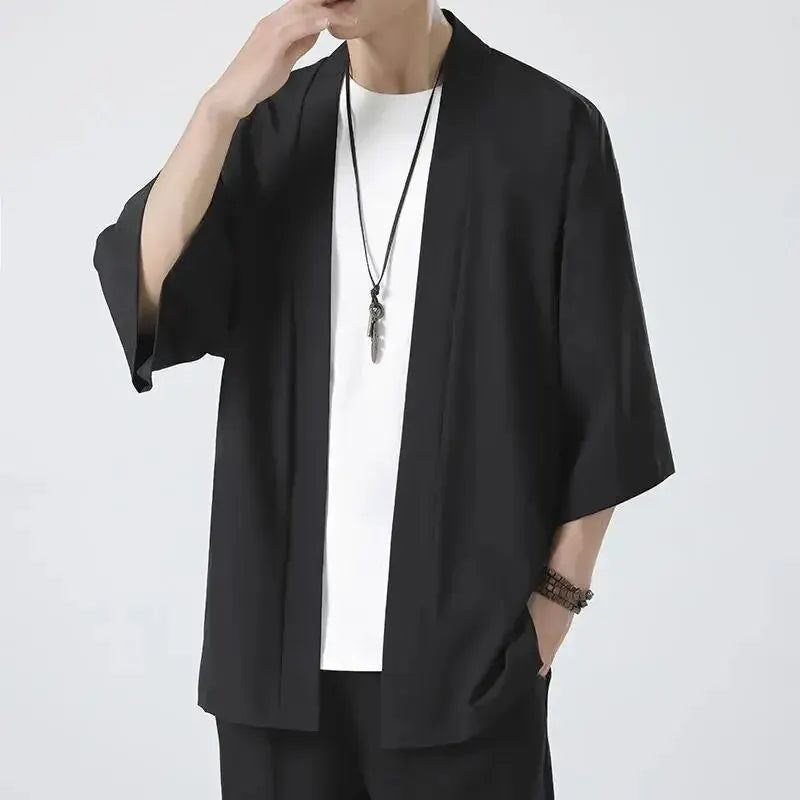 Men's Japanese Kimono Cardigan Shirt – Open Stitch Yukata, 3/4 Sleeve | XS–XXXL
