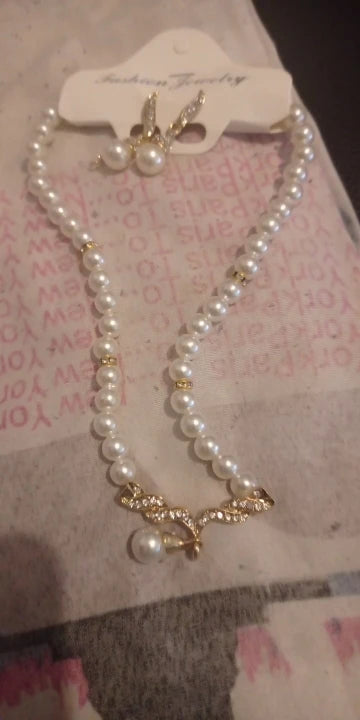 Women's 2-Piece Gold Pearl Jewelry Set | Elegant Necklace & Earrings for Wedding & Bridal
