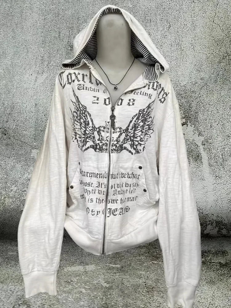 Y2K Punk Rock Zip-Up Hoodie – Harajuku Grunge Loose Fleece Sweatshirt