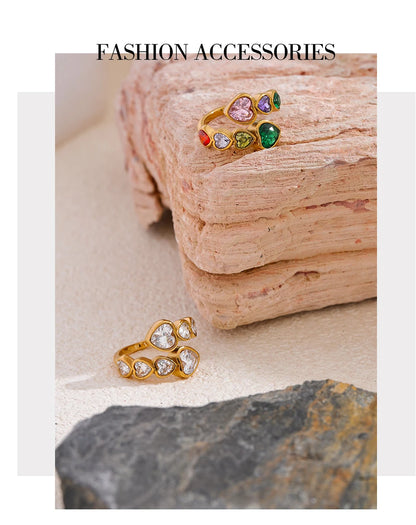 Cubic Zirconia Heart Open Ring in 18K Gold Plated Stainless Steel