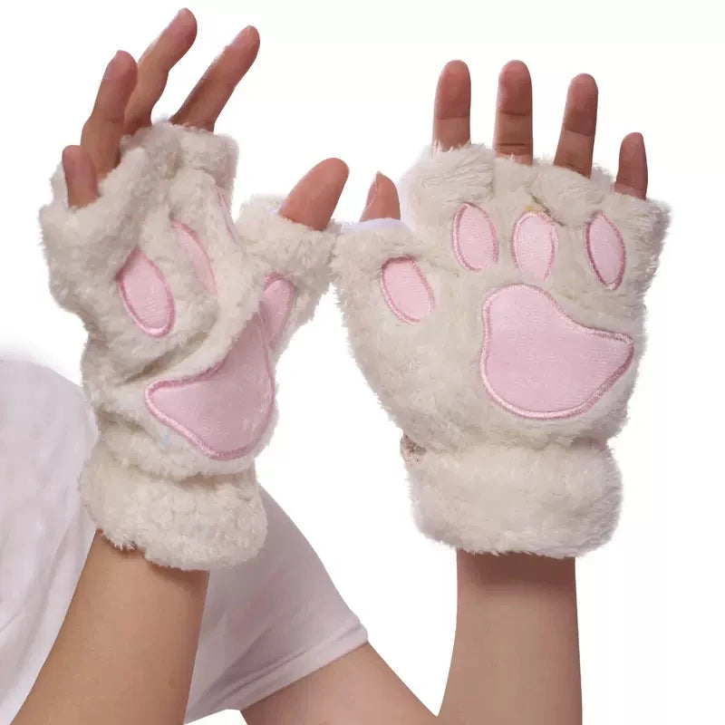 Cat Paw Plush Mittens – Cute Fingerless Fluffy Gloves for Women
